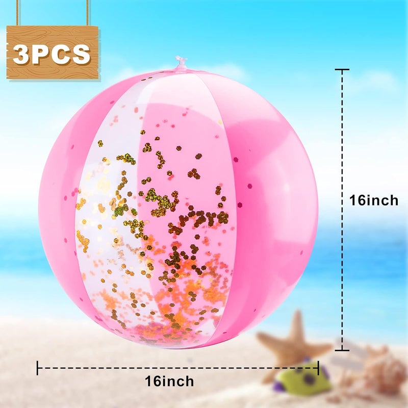 POPLAY 16 Inch Inflatable Beach Balls, 3 Pack Glitter Beach Balls Pool Toys with Confetti Sparkling Balls for Kids Toddlers Adults Summer Pool Party Favors - Image 5